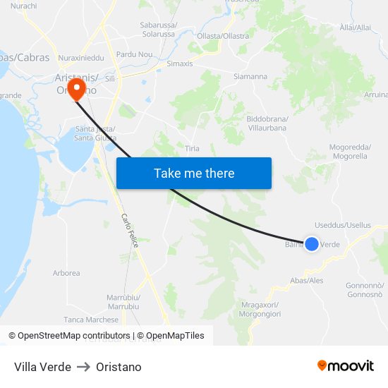 Villa Verde to Oristano map