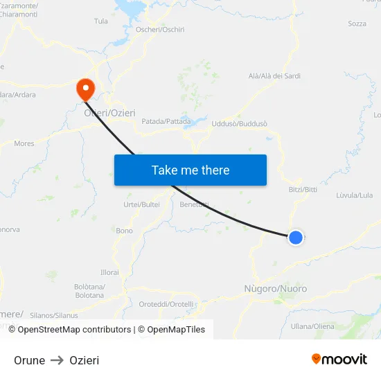Orune to Ozieri map