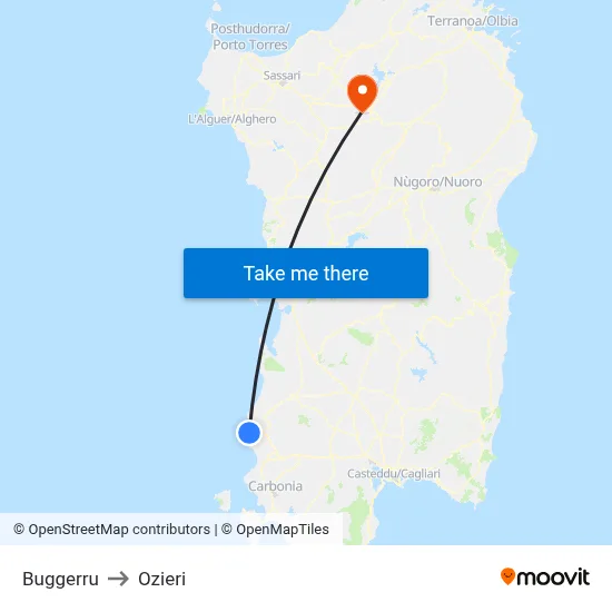 Buggerru to Ozieri map