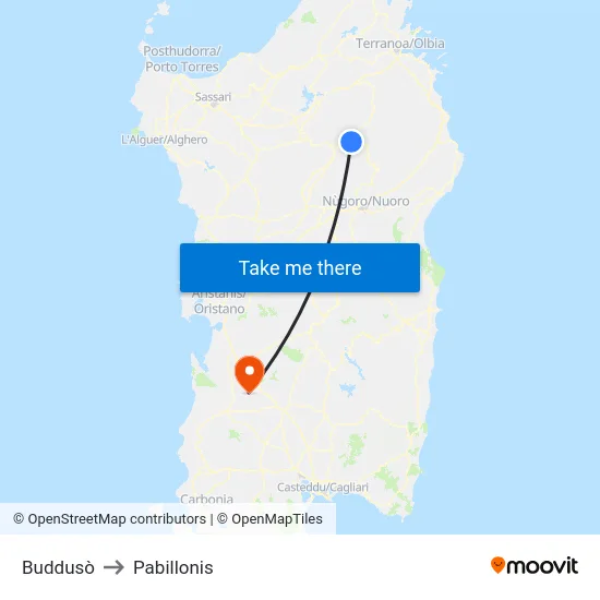 Buddusò to Pabillonis map