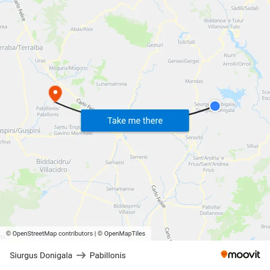 Siurgus Donigala to Pabillonis map