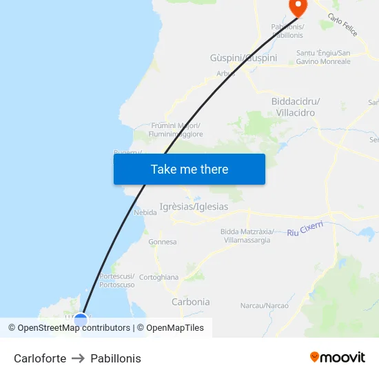 Carloforte to Pabillonis map