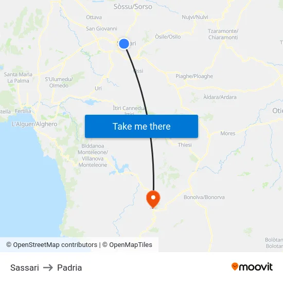 Sassari to Padria map