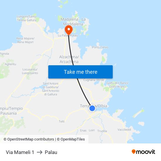 Via Mameli 1 to Palau map