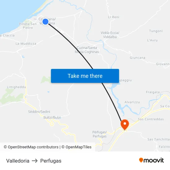 Valledoria to Perfugas map