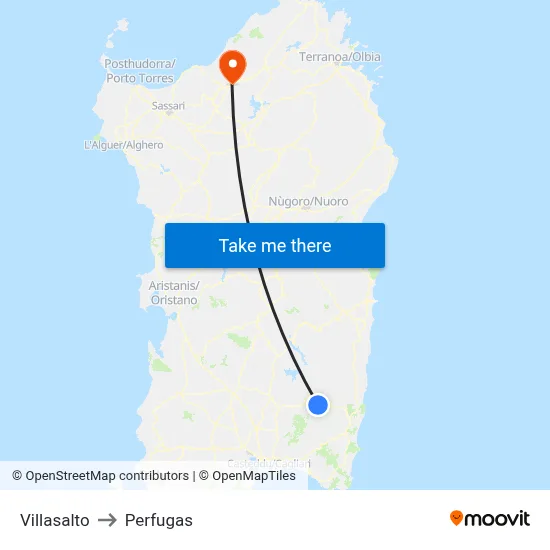 Villasalto to Perfugas map