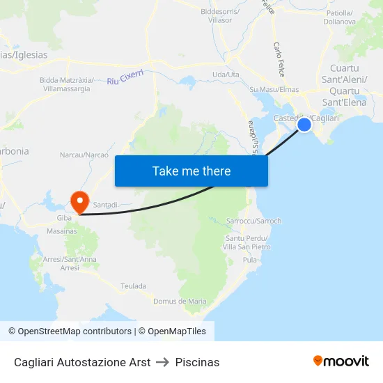Cagliari Autostazione Arst to Piscinas map