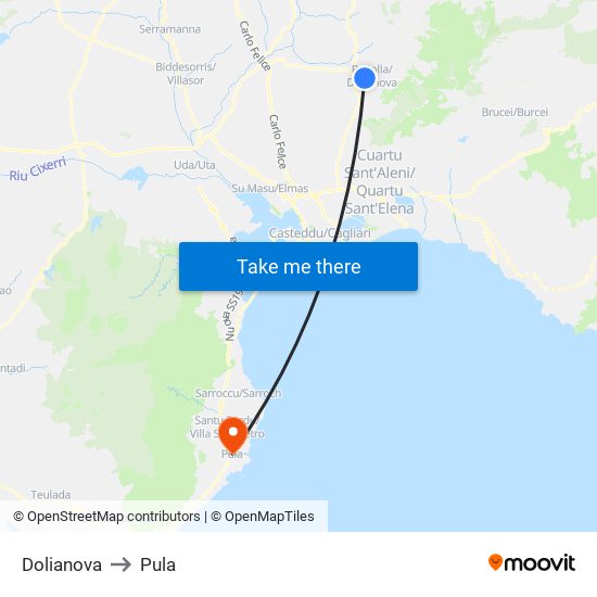 Dolianova to Pula map