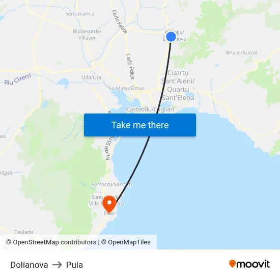 Dolianova to Pula map