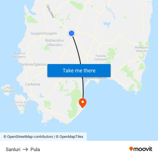 Sanluri to Pula map