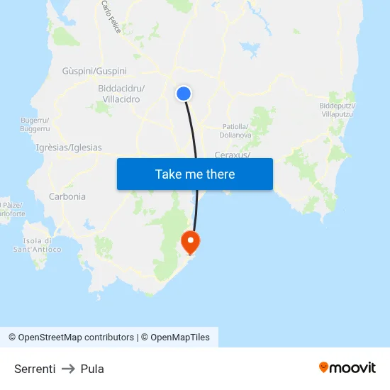 Serrenti to Pula map