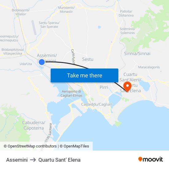 Assemini to Quartu Sant' Elena map