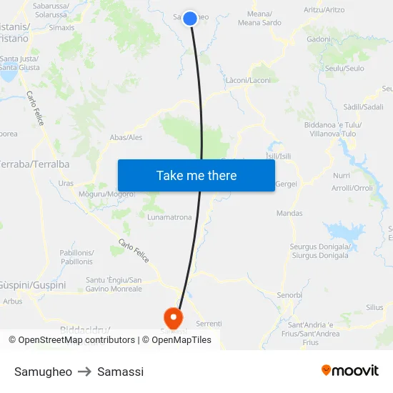 Samugheo to Samassi map