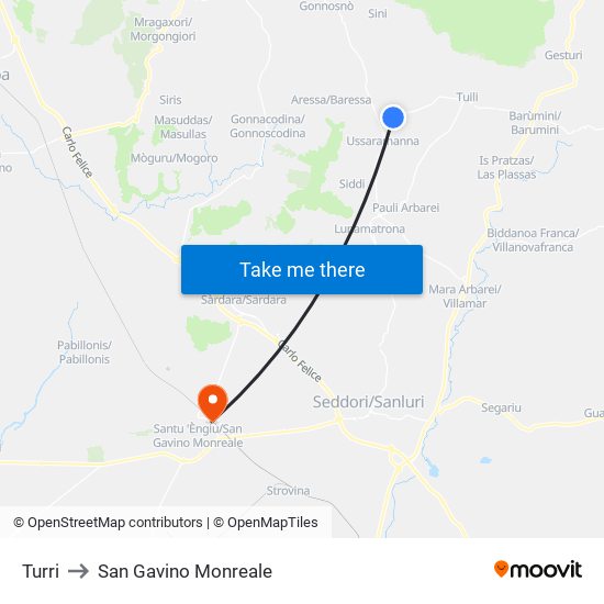 Turri to San Gavino Monreale map