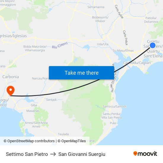 Settimo San Pietro to San Giovanni Suergiu map