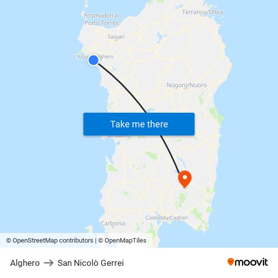 Alghero to San Nicolò Gerrei map