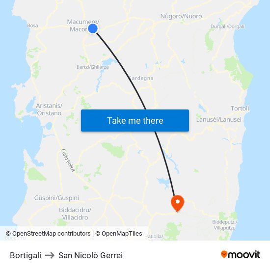 Bortigali to San Nicolò Gerrei map