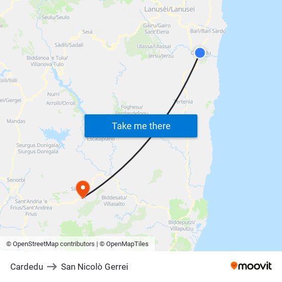 Cardedu to San Nicolò Gerrei map