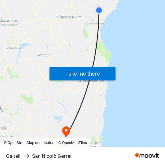 Galtelli to San Nicolò Gerrei map