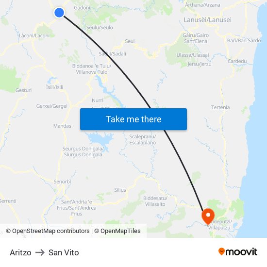 Aritzo to San Vito map