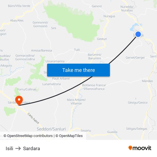 Isili to Sardara map