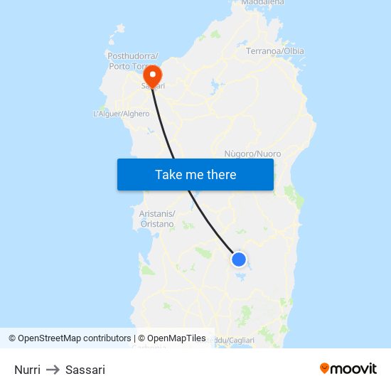 Nurri to Sassari map