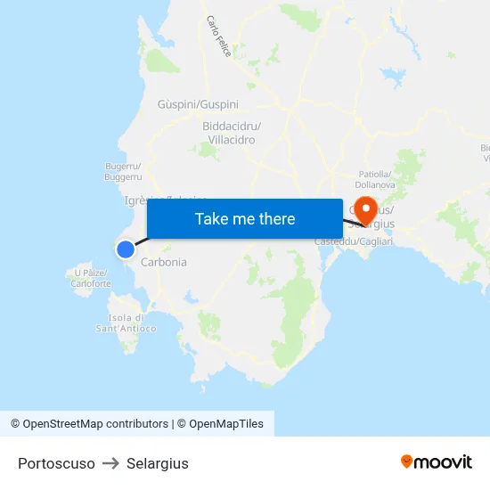 Portoscuso to Selargius map