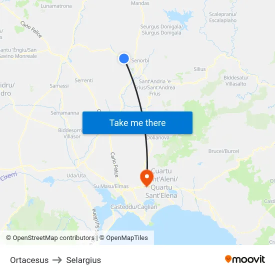Ortacesus to Selargius map