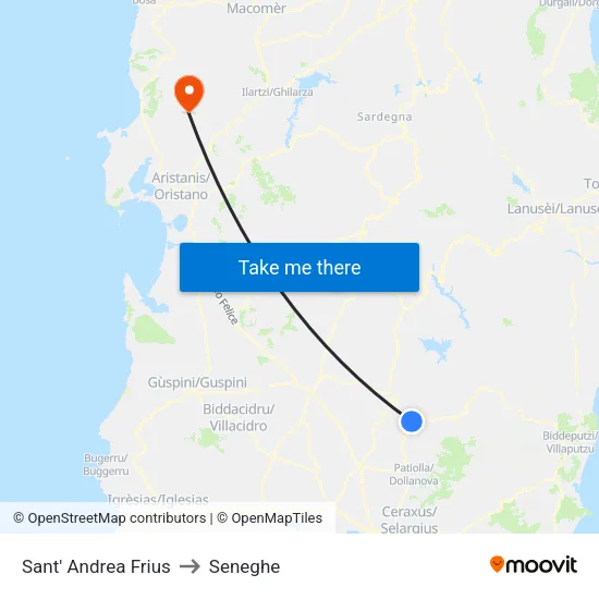 Sant' Andrea Frius to Seneghe map