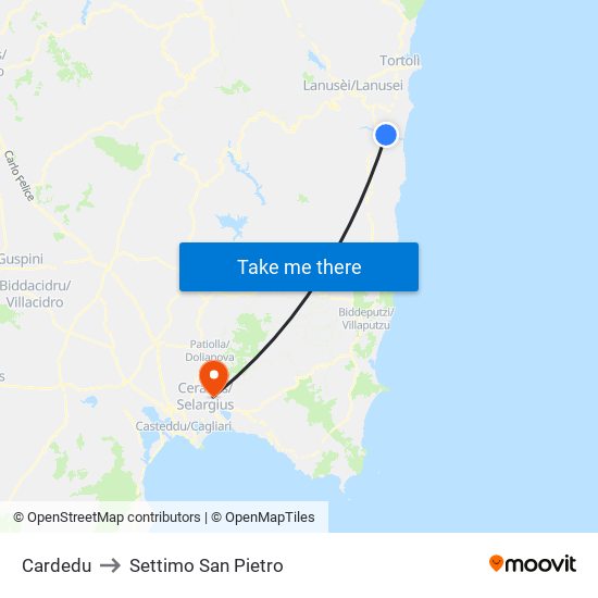 Cardedu to Settimo San Pietro map