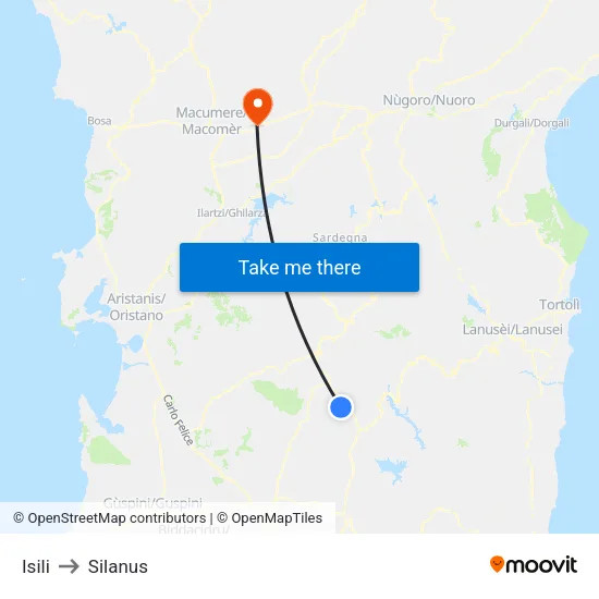 Isili to Silanus map