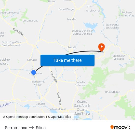 Serramanna to Silius map