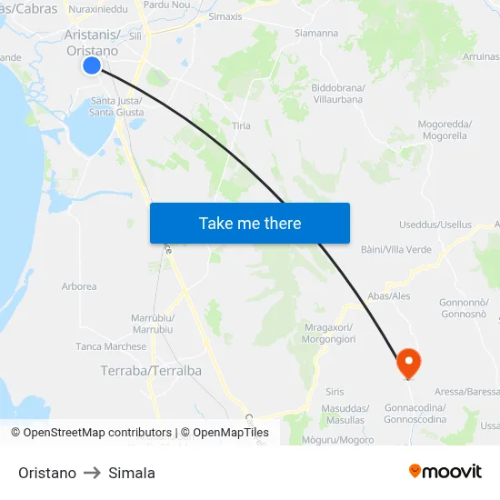 Oristano to Simala map