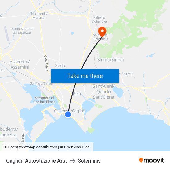 Cagliari Autostazione Arst to Soleminis map
