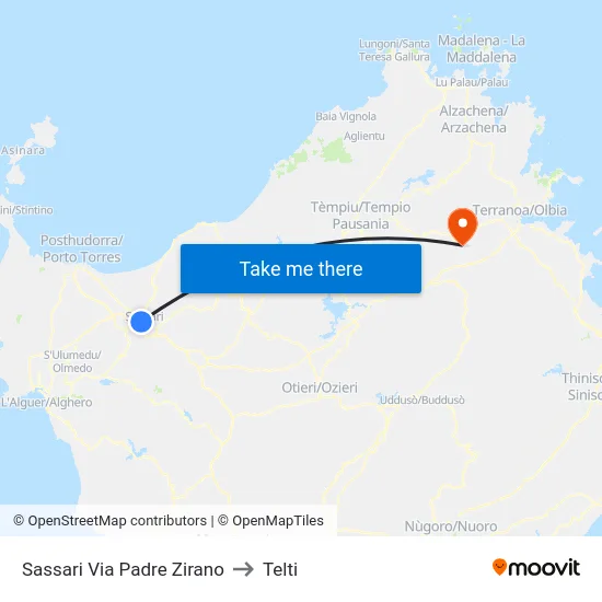 Sassari Via Padre Zirano to Telti map
