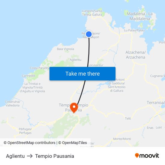Aglientu to Tempio Pausania map