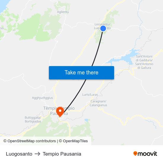 Luogosanto to Tempio Pausania map