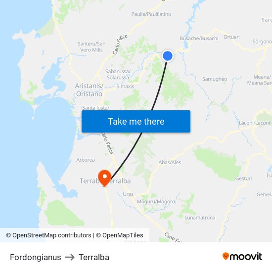 Fordongianus to Terralba map