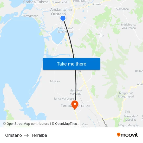 Oristano to Terralba map