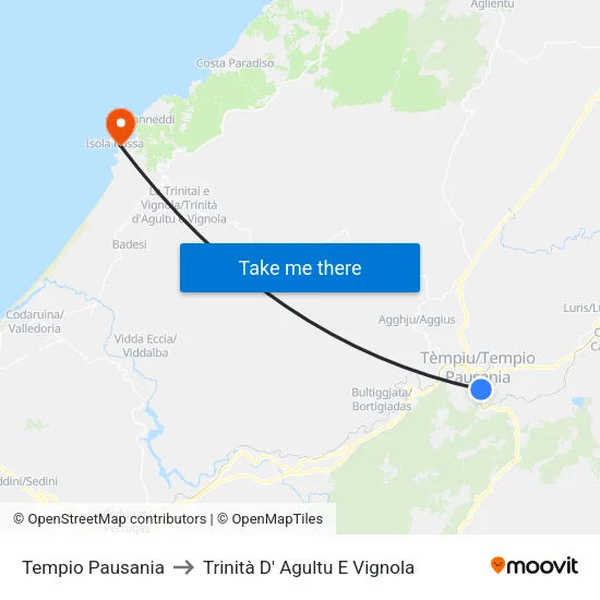 Tempio Pausania to Trinità D' Agultu E Vignola map