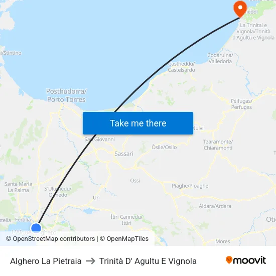 Alghero La Pietraia to Trinità D' Agultu E Vignola map