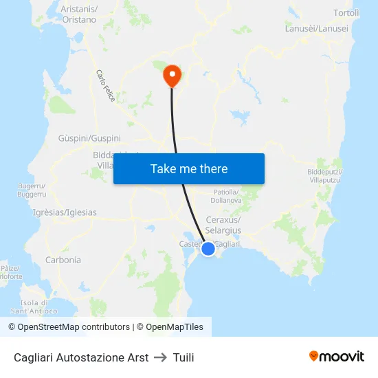 Cagliari Autostazione Arst to Tuili map