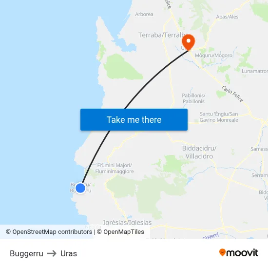 Buggerru to Uras map