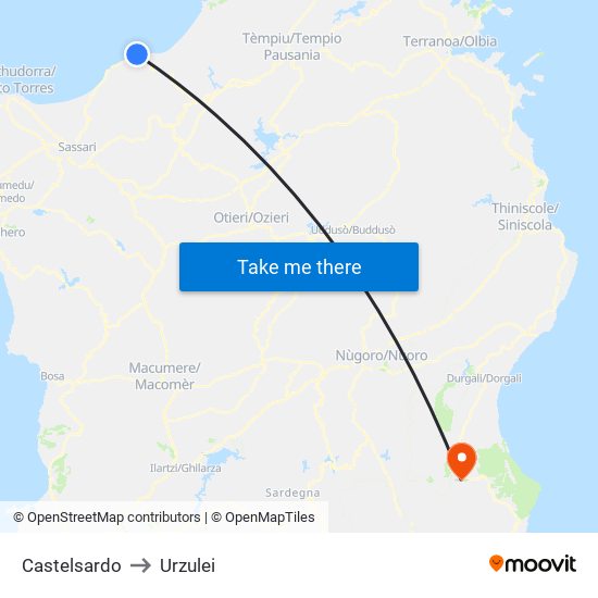 Castelsardo to Urzulei map