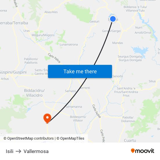 Isili to Vallermosa map