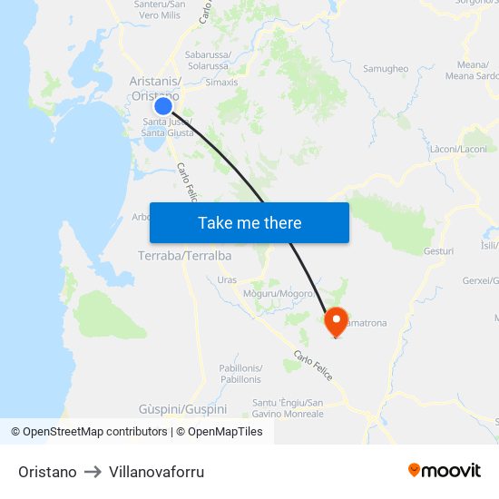 Oristano to Villanovaforru map