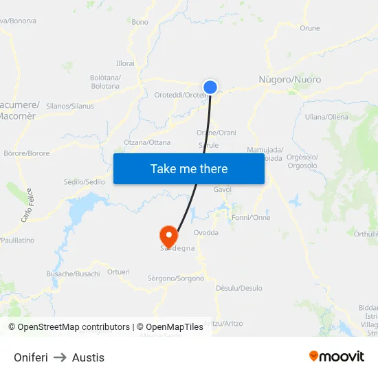 Oniferi to Austis map