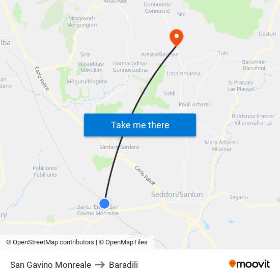 San Gavino Monreale to Baradili map