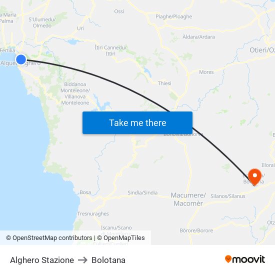 Alghero Stazione to Bolotana map