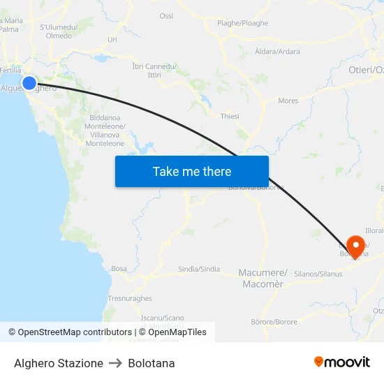Alghero Station to Bolotana map